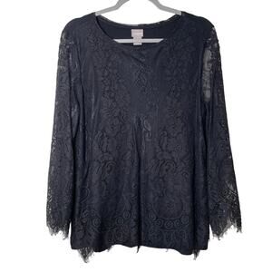 Chico's Black Floral Lace Sheer Long Sleeve Tunic Top Romantic Whimsy 1 M